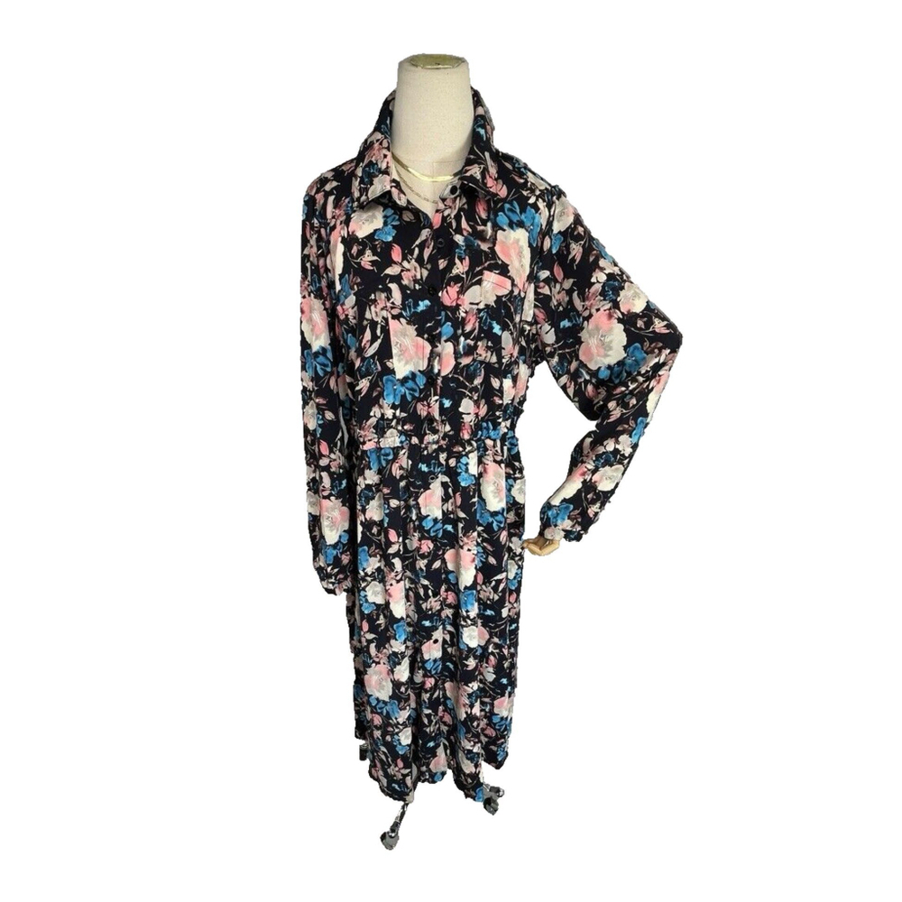 Torrid Maxi Dress Size 1X 14 16 Navy Blue Floral Buttons Collar Long Sleeves NEW